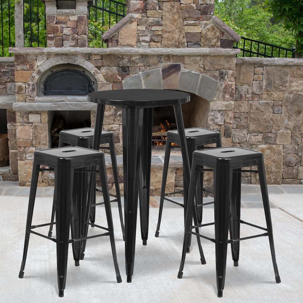 24'' Round Metal Indoor-Outdoor Bar Table Set with 4 Square Seat Backless Stools