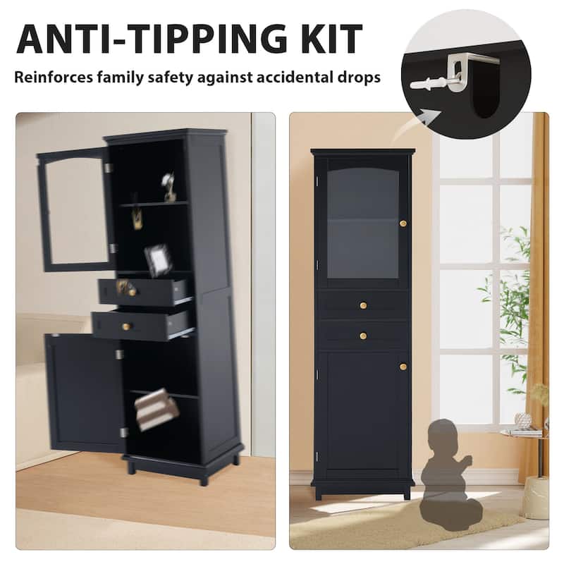 GDFStudio - Mary 63" Tall Bathroom Storage Cabinet with Glass Doors, Two Drawers, and Adjustable Shelves
