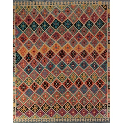 Reversible Trellis Kilim Oriental Area Rug Flatweave Wool Carpet - 8'2"x 9'8"