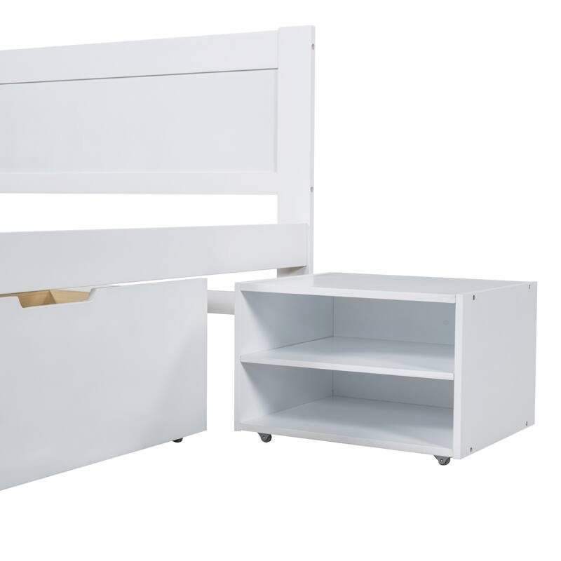 Platform bed with drawers and two shelves