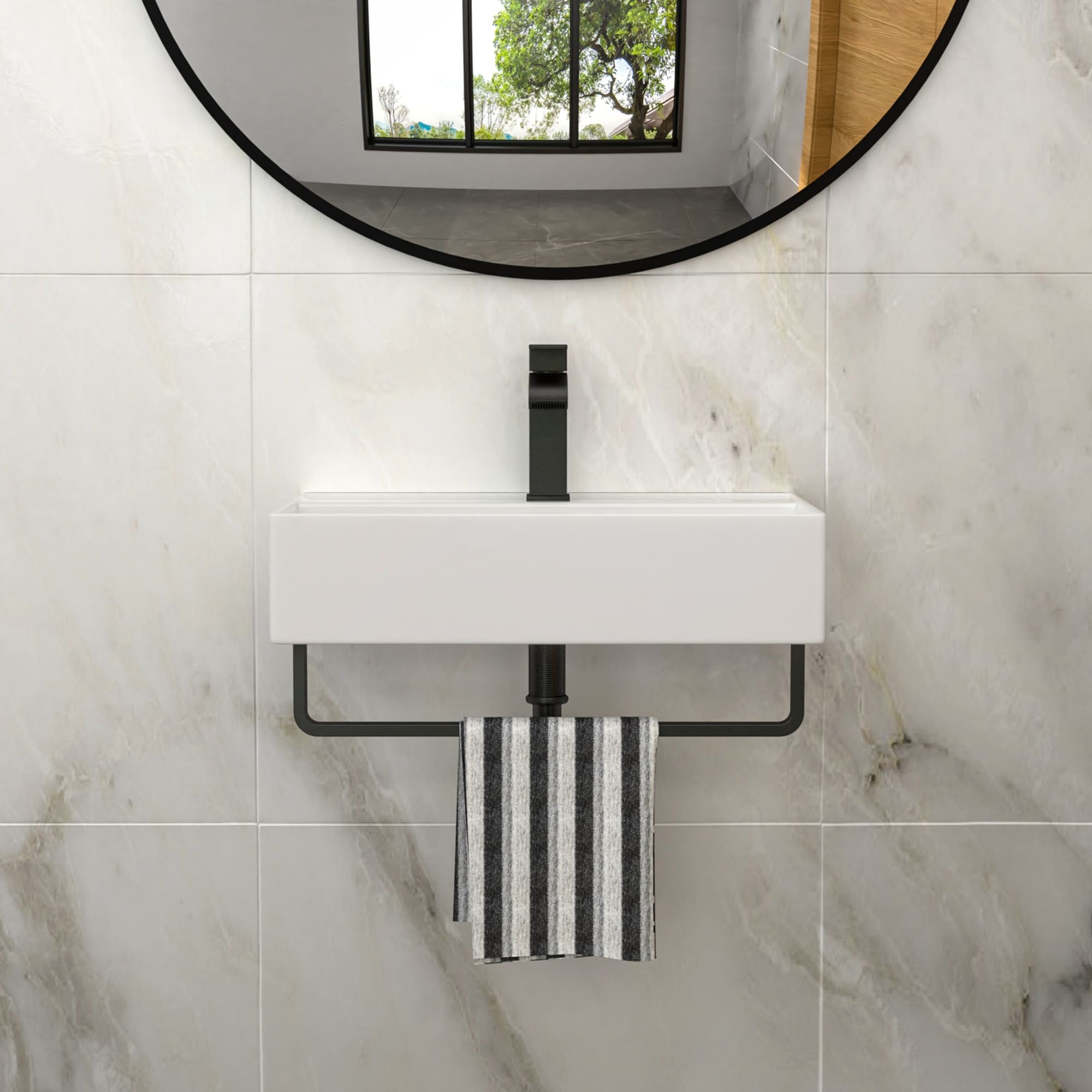 Wall-Mounted Rectangular Ceramic Bathroom Sink with Black Towel Bar and Faucet Hole, Space-Saving and Durable Design