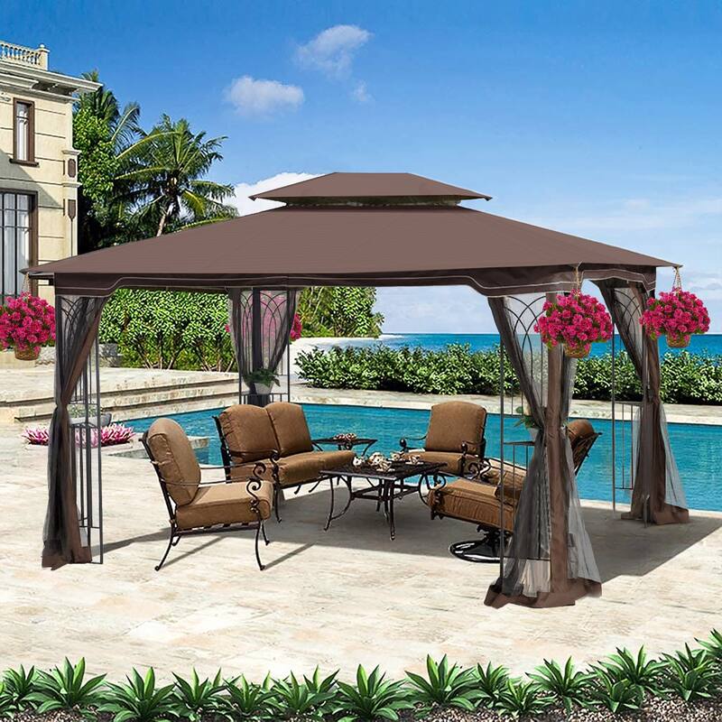 13x10 Outdoor Patio Gazebo Canopy Tent, Heavy Duty Gazebos with Ventilated Double Roof, Mosquito Netting & Privacy Screens