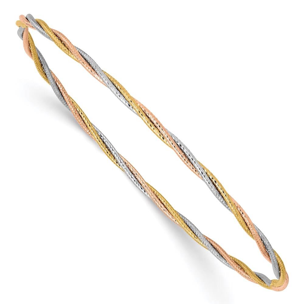 14k Tri-color Diamond-cut Twisted Slip-on Bangle Bracelet, 7.25"