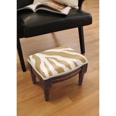 Tan Zebra Print Footstool with wood stained finish