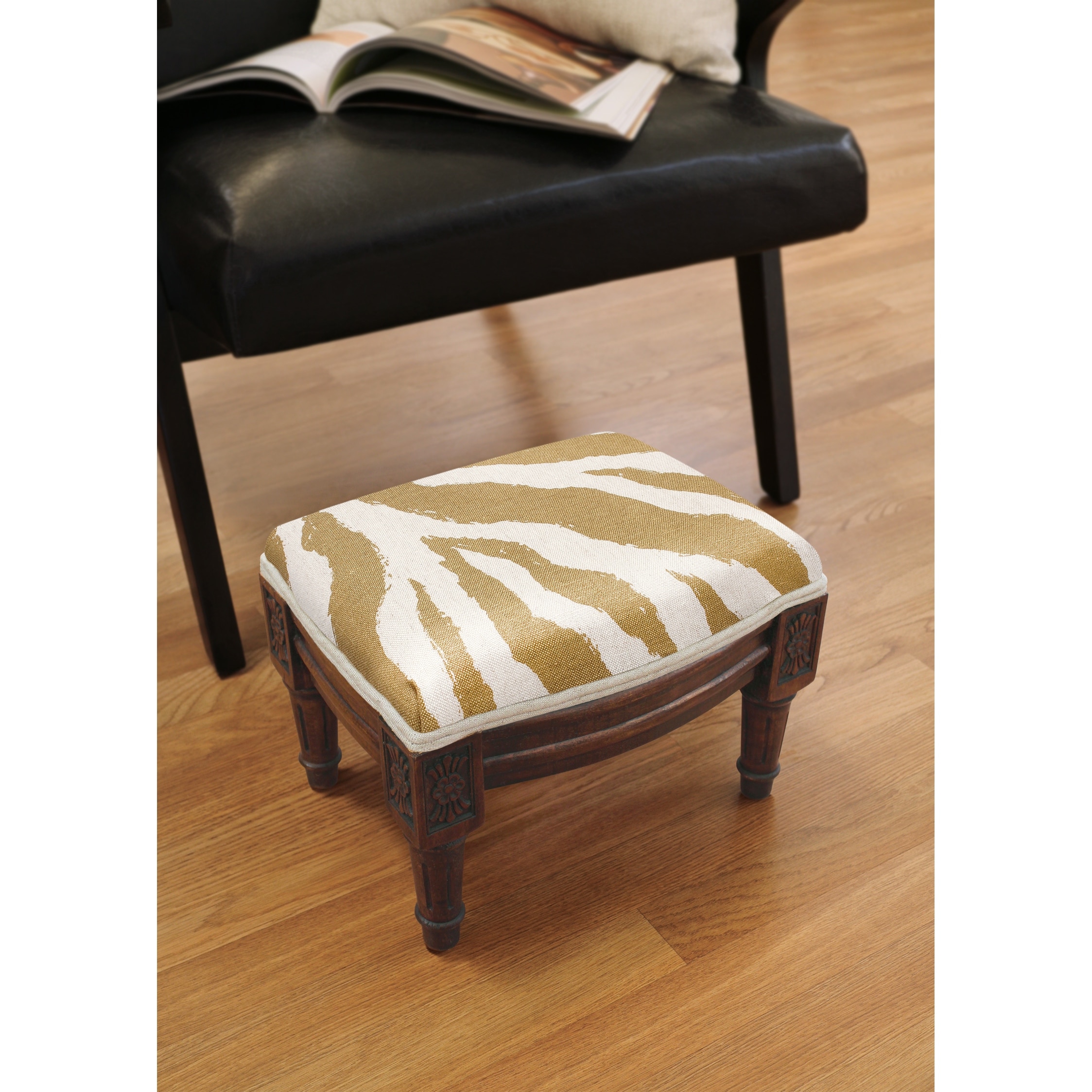 Tan Zebra Print Footstool with wood stained finish