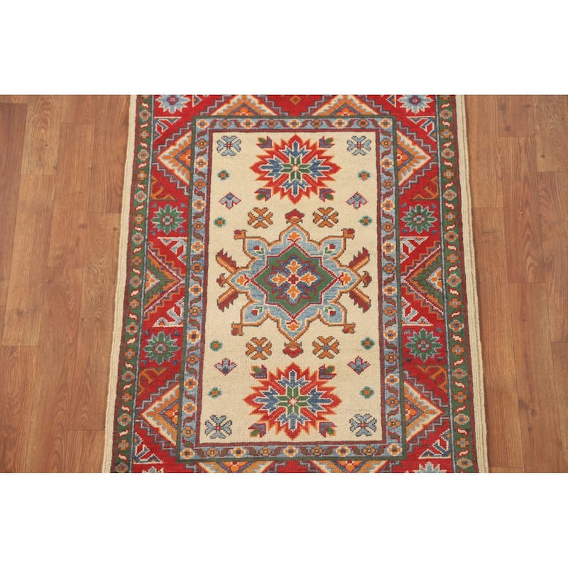 Geometric Kazak Accent Rug Handmade Traditional Wool Carpet - 2'9" x 3'11"