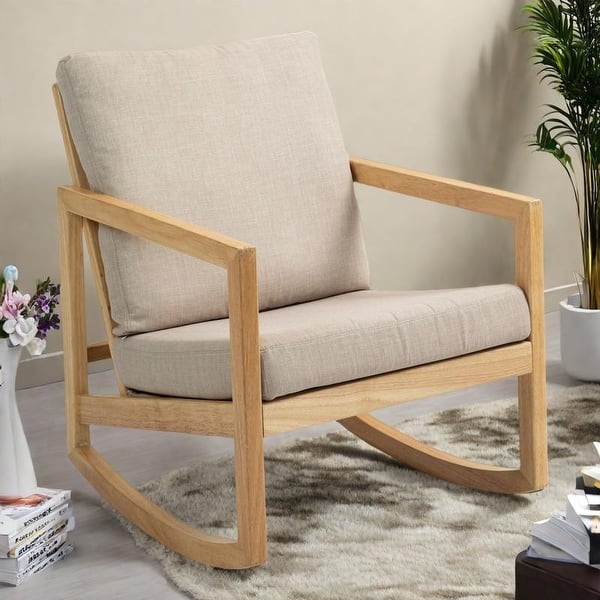 slide 2 of 10, Rubberwood Glider Chair with Khaki Upholstery and Deep Cushions khaki