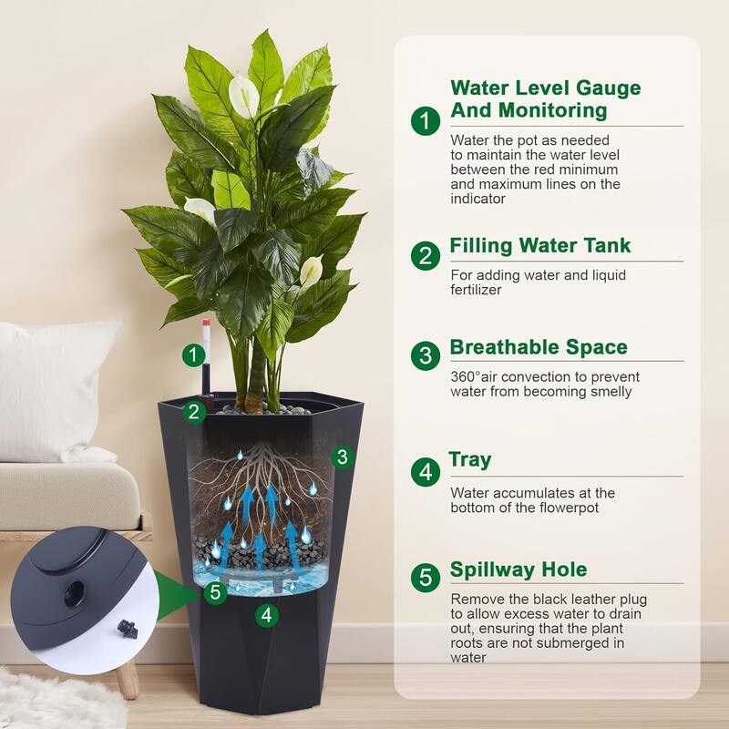 22.5" Set of 2 Self-Watering Tall Planter Pots for Patio, Porch, Garden, Indoor Outdoor