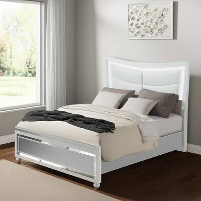 HomeRoots White and Silver Faux Crystal Bling Wood And Upholstery Lighted King Bed Frame