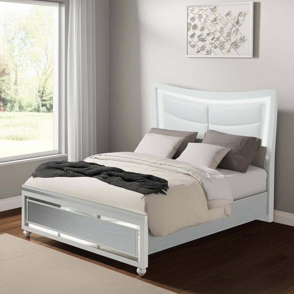 HomeRoots White and Silver Faux Crystal Bling Wood And Upholstery Lighted King Bed Frame