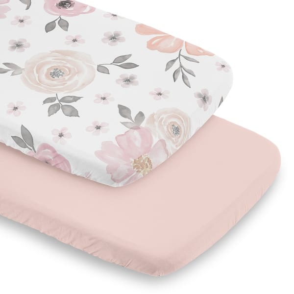 slide 2 of 6, Sweet Jojo Designs Pink Boho Floral Girl 2 Pack Baby Bassinet Fitted Sheets Bohemian Farmhouse Shabby Chic Watercolor Flower