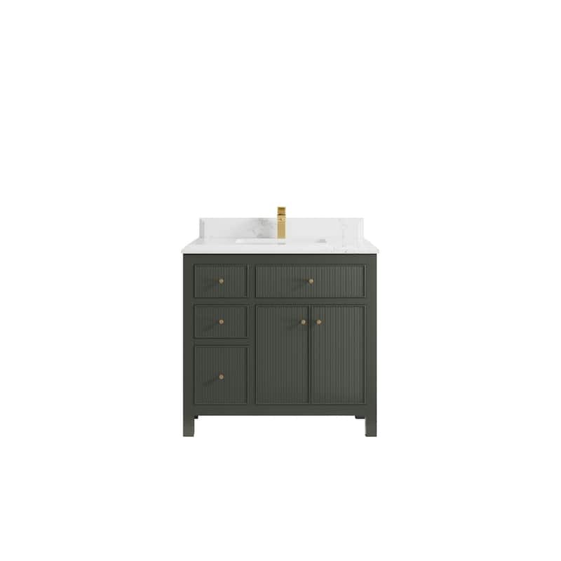 Willow Collections 36 in W x 22 in D Sonoma Center Sink Free Standing Reeded Bathroom Vanity with Countertop - 1.5" Empira White - Pewter Green