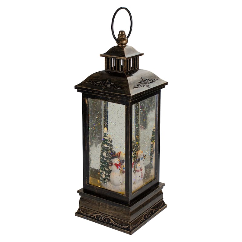11" Black with Brushed Gold LED Snowman Family Christmas Lantern Snow Globe