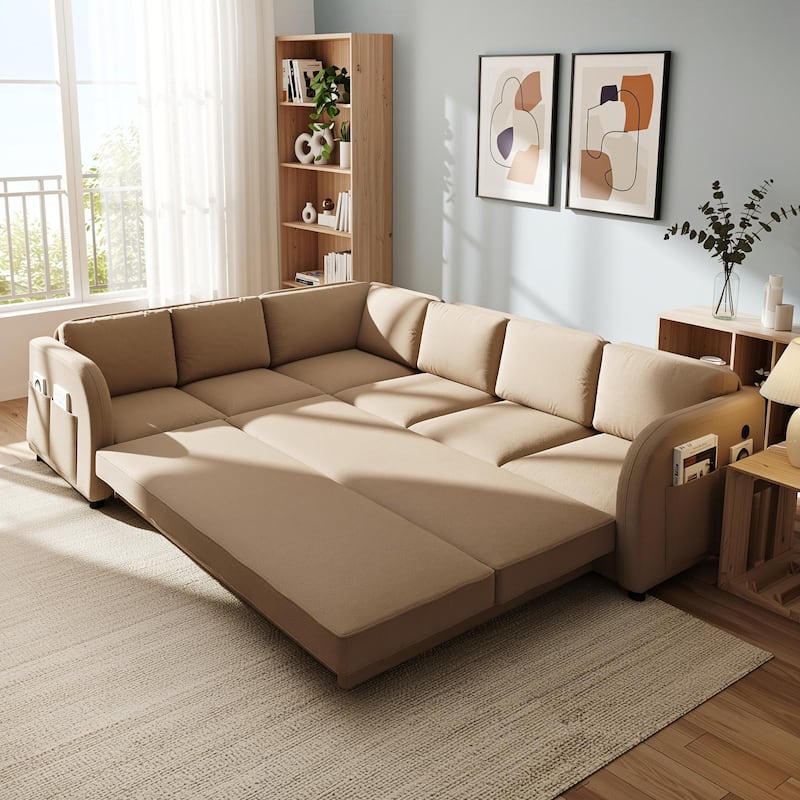 Homy Casa 85"/115" L-Shaped Sectional Sofa Bed USB & Side Pocket, Teddy Fabric Pull-Out Sleeper, Reversible Chaise, Multi Colors