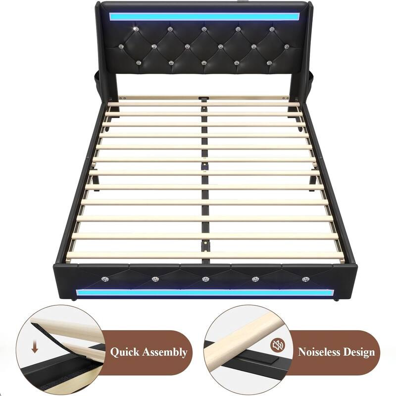 Full Bed Frame with LED Lights, Upholstered Bed Frame with Charging Station, Platform Bed with Diamond Headboard, Wooden Slats