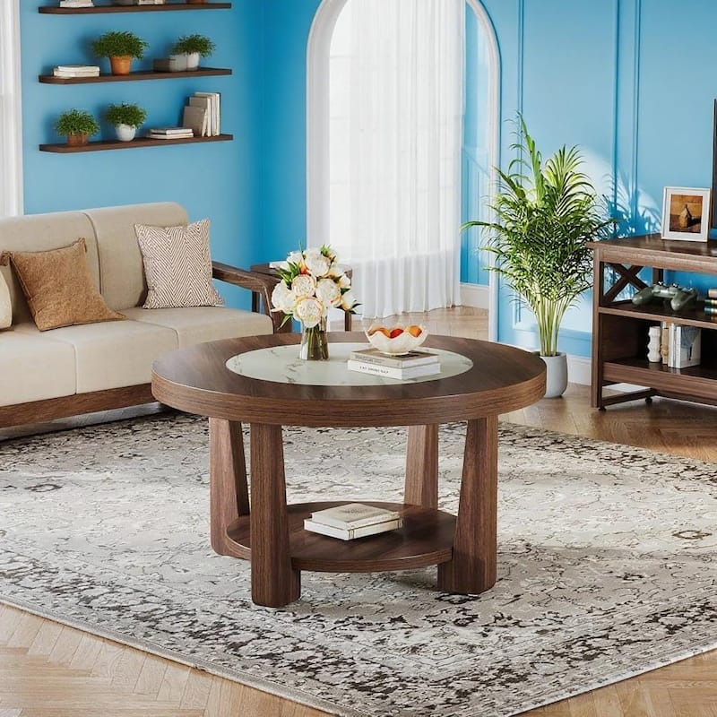 Brown MDF Wood Round Coffee Table with Double Layer Storage and Sturdy L-Legs for Living Room - 31.5"L x 31.5"W x 17.7”H