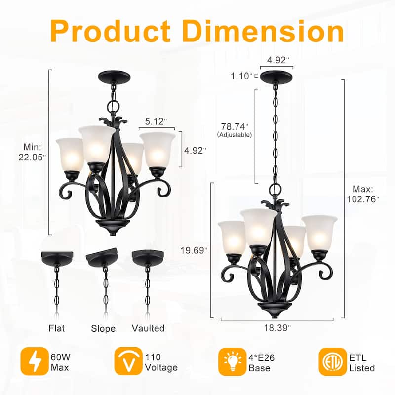 Matte Black 4-Light Candelabra Chandelier with Bell Glass Shades - Dia.8.39-in