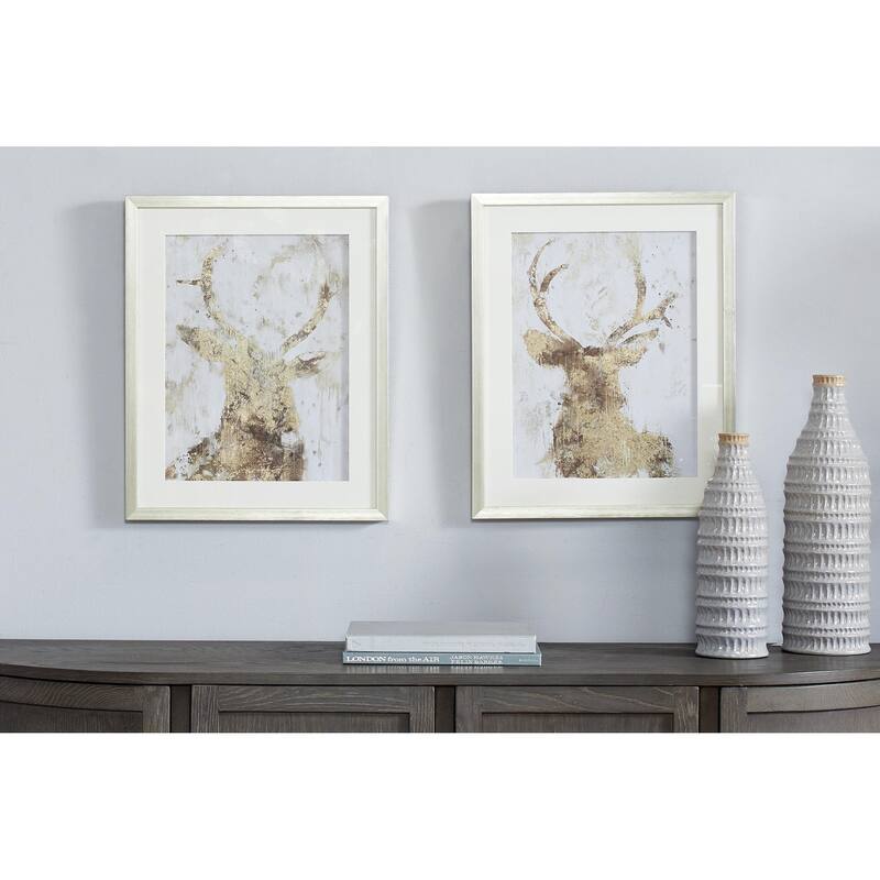 White Polystone Deer Home Wall Decor with Silver Frame (Set of 2) - White