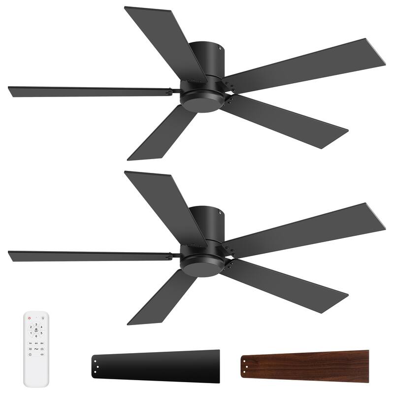 2 Set 42-inch Flush Mount Ceiling Fan No Light with Remote(5 Reversible Blades)