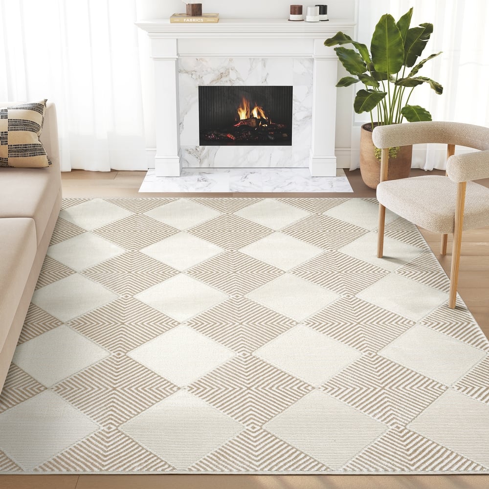 Abani Neutral NTL110A Cream Beige Diamond Checker Tile Geometric Area Rug