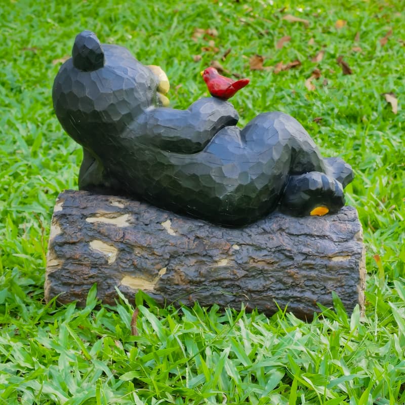Lying Bear with Cardinal Outdoor Welcome Garden Sign - 13"