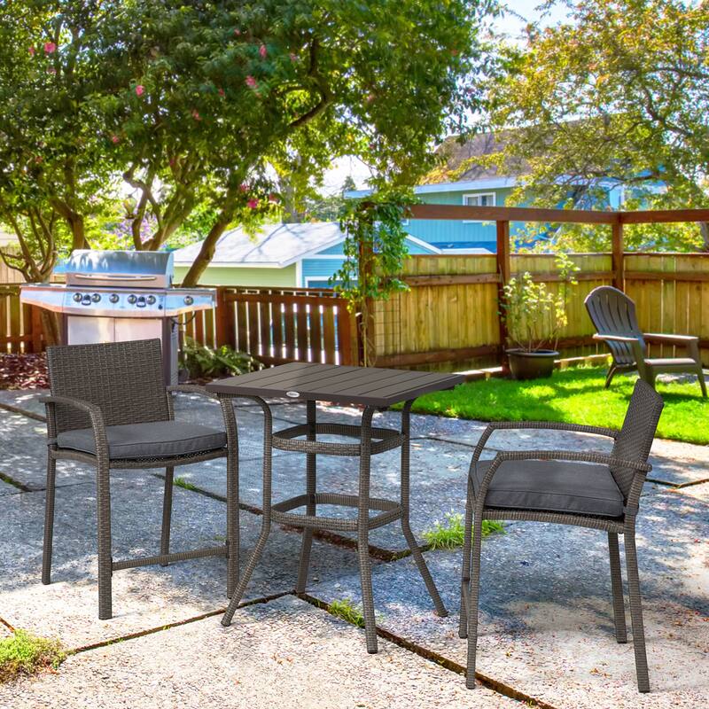 3-Piece Outdoor Wicker Bar Set with Wood-Grain Slatted Table and Cushioned High Back Stools, Weather-Resistant Patio Furniture