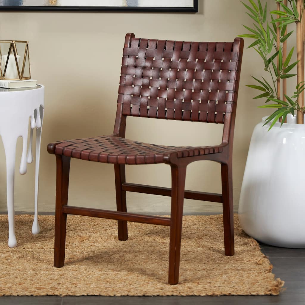 Handmade Teak Woven Leather Dining Chair (Set of 2) - N/A