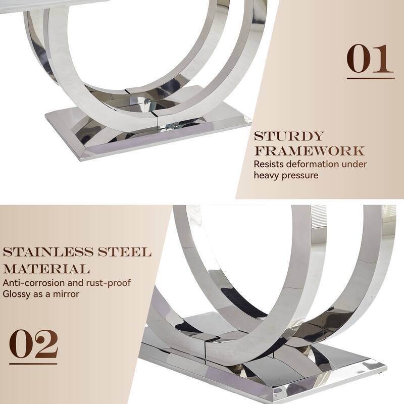 69.3 Inch Rectangular Dining Table with White Marble MDF Top, Silver Mirror Stainless Steel Legs, Seats 4-6