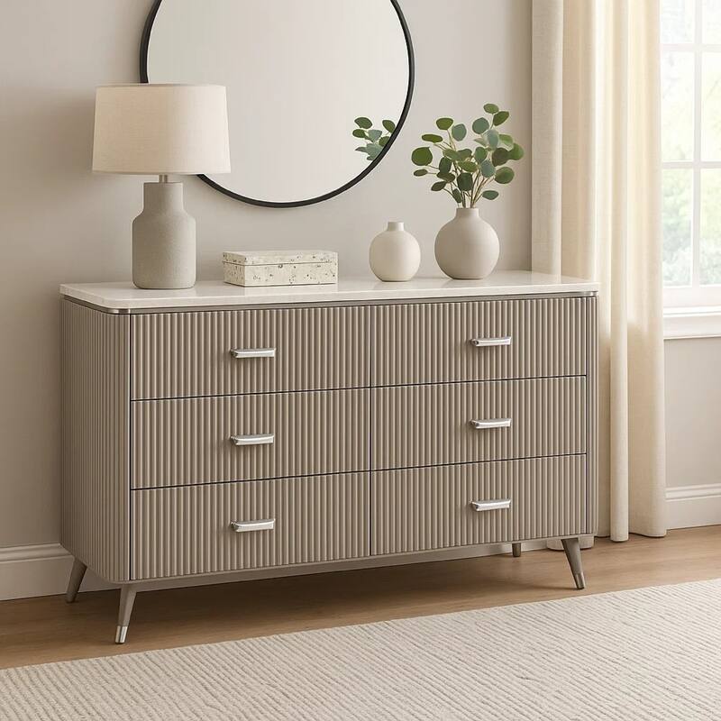 Gema 6 Drawer Wide Dresser, Light Gray Solid Wood with Cultured Stone Top