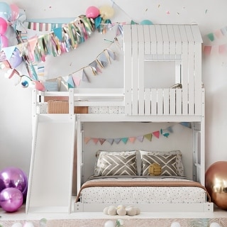 Playhouse-inspired Style Twin Over Full Wooden Bunk Bed,Loft Bed with Playhouse,Farmhouse, Ladder, Slide and Guardrails