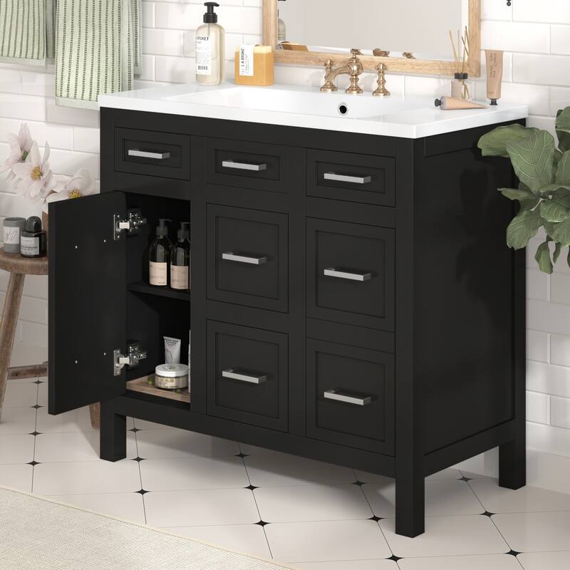 36-Inch Bathroom Vanity with Ceramic Sink Combo, Modern Freestanding Storage Cabinet