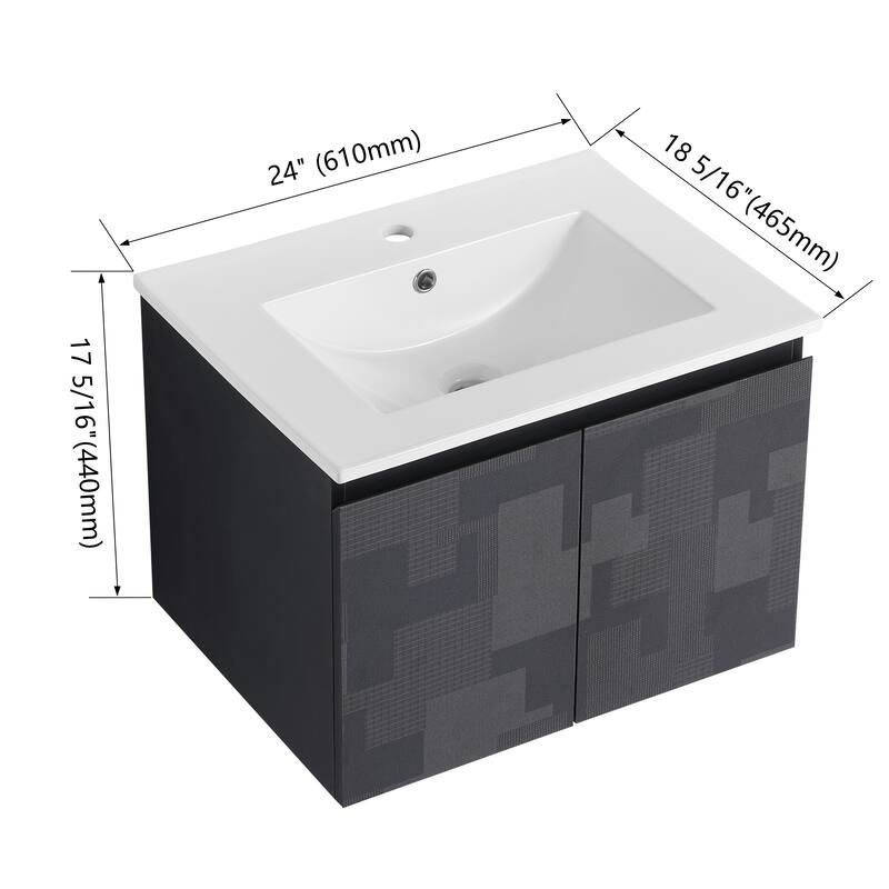 24 Inch Wall-Mounted Vanity with Ceramic Sink, Soft-Close Hinges & Triple Doors for Bathrooms