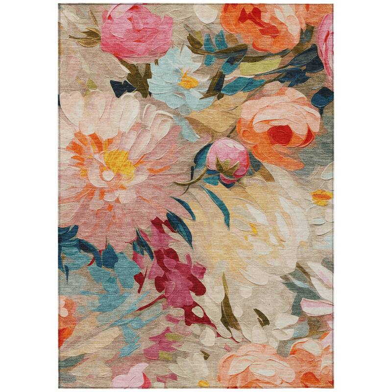 Machine Washable Indoor/ Outdoor Watercolor Floral Chantille Rug