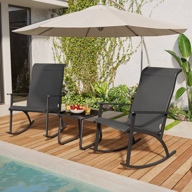 3-Piece Outdoor Bistro Set - Rattan Rocking Chairs With Coffee Table, Ergonomic Patio Furniture with High Backrest - Black