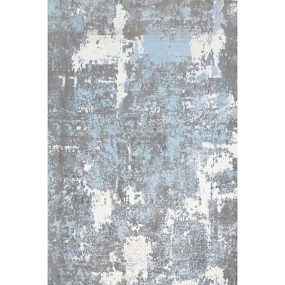 Hand Knotted Oriental Viscose Silk Carpet Modern Abstract Navy Blue & Blues Abstract Area Rug - 7' 5'' X 5' 4''