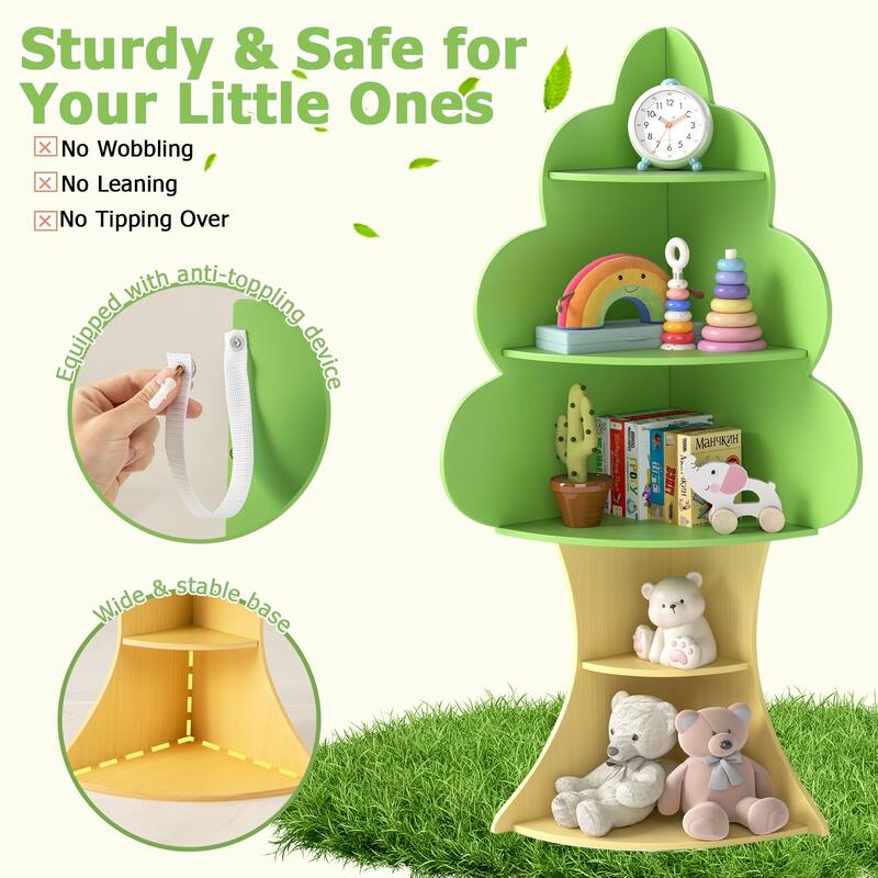 5-Tier Kids Tree Bookshelf for Bedrooms Playrooms Classroom Storage with Anti-Tip Design - 19" x 19" x 52"