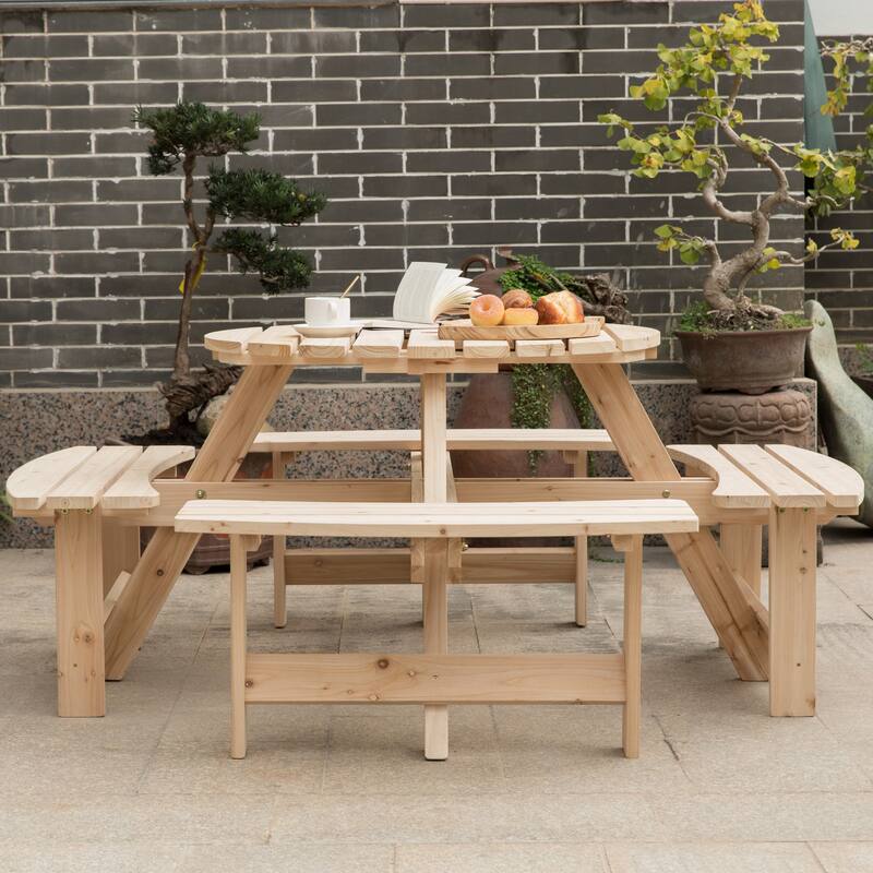 Round Natural Wooden Patio Picnic Table w/ Integrated Benches On Sale