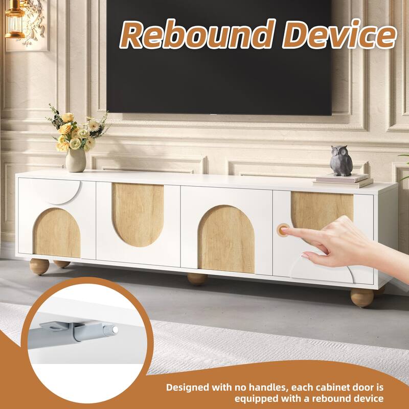 Farmhouse-Style TV Stand with 4 Cabinets, Cable Holes and Spring-loaded Mechanism, for Living Rooms and Bedrooms, White