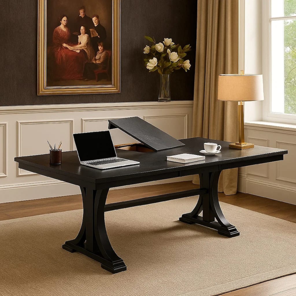 Berny Dining Table, Extension Leaf, Trestle Base, Gray Wood, 64-46 Inch - Charcoal Gray