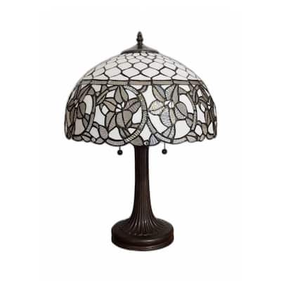 Vintage Stained Glass Two Light Table Lamp with Dark Brown Metal Base - 12” x 21” x 23”