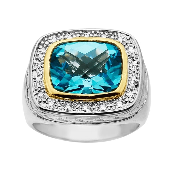 6 1/2 ct Swiss Blue Topaz Ring in Sterling Silver and 14K Gold with Diamonds