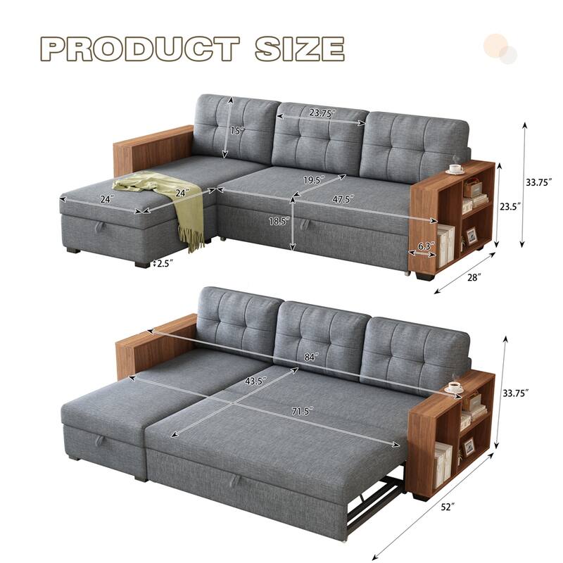 Upholstered Pull Out Sectional Sofa with Storage Chaise