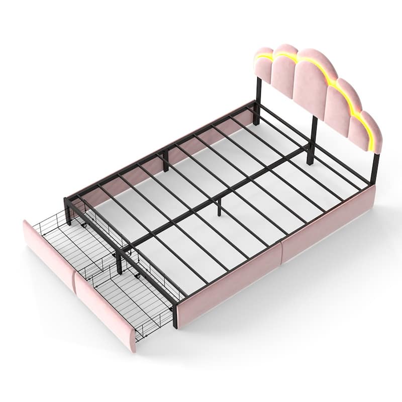 Velvet Upholstered Platform Bed with RGB LED Petal Headboard, Under Bed Storage Drawers Princess Bed Frame