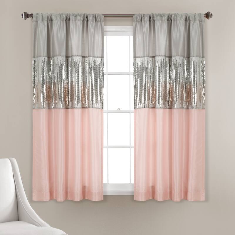 Silver Orchid Page Two-tone Faux Silk Glamorous Sequins Sparkle Single Curtain Panel - 63"L x 42W - Gray/Blush