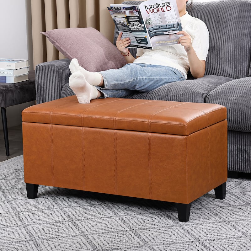 Adeco Rectangular Storage Ottoman Faux Leather Bench Lift-top Footrest