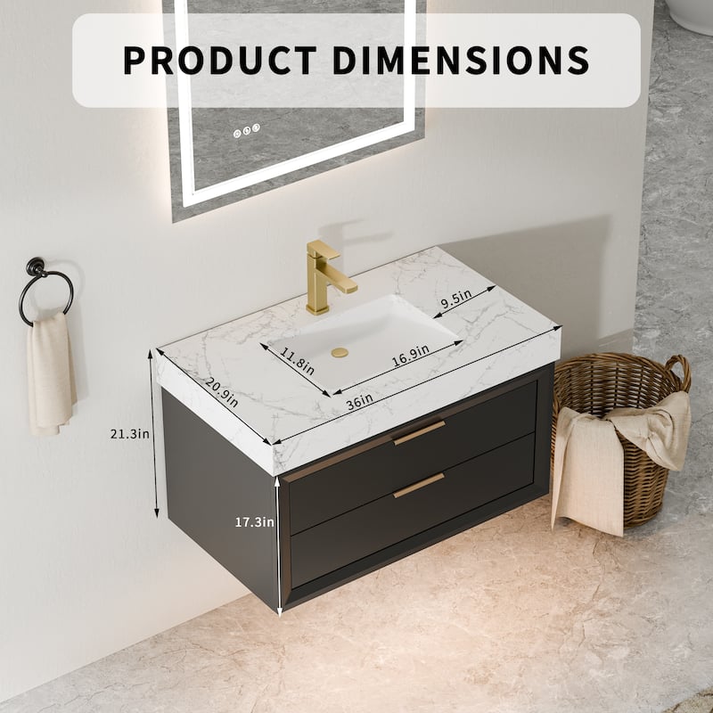 Modland 36/48/60 Inch Black Floating Bathroom Vanity with ETL LED Lights & Soft-Close Drawers, Waterproof Rubberwood