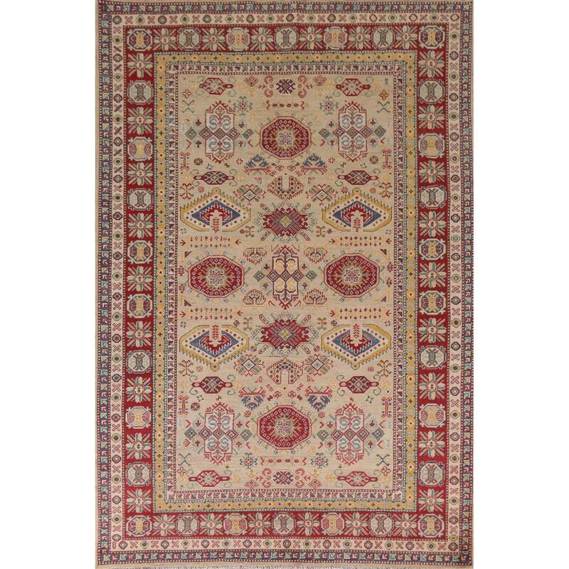 Hand Knotted Oriental 100% Wool Carpet Traditional Tribal Beige & Ivories Kazak Area Rug - 9' 6'' X 6' 9''