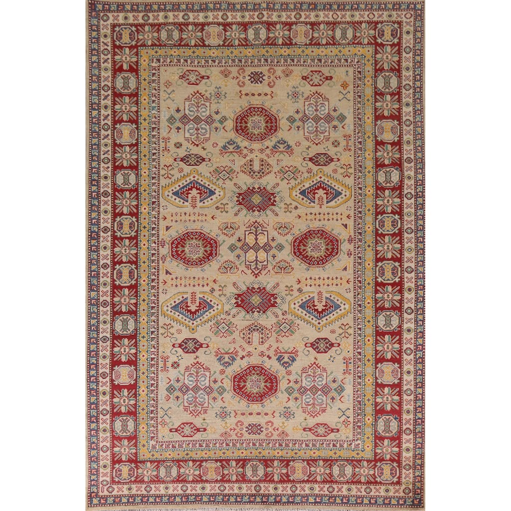 Hand Knotted Oriental 100% Wool Carpet Traditional Tribal Beige & Ivories Kazak Area Rug - 9' 6'' X 6' 9''