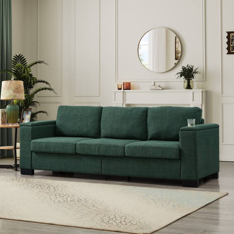 Fabric Upholstered 3 Seater Couch Deep Seat Storage Lounge Sofa with Square Arm and Cup Holders for Living Room