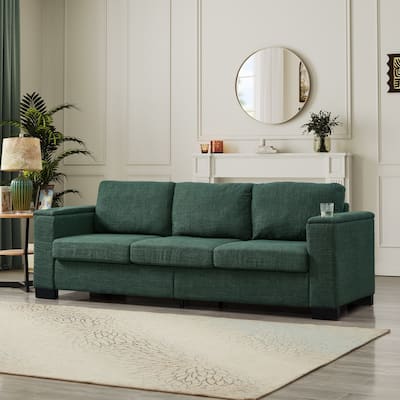 Roomfitters 93.7" Modern Sofa with Square Armrests, Upholstered Fabric Couch with Cup Holder and Storage for Living Room